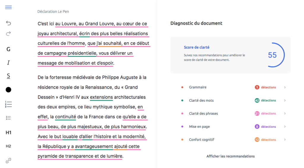 Capture d'écran de l'éditeur U31 qui a analysé le texte de Marine Le Pen. À gauche, le texte, à droite, un diagnostic du document avec son score de 55 sur 100 et un récapitulatif des recommandations en termes de grammaire, clarté des mots, clarté des phrases, mise en page et confort cognitif.
